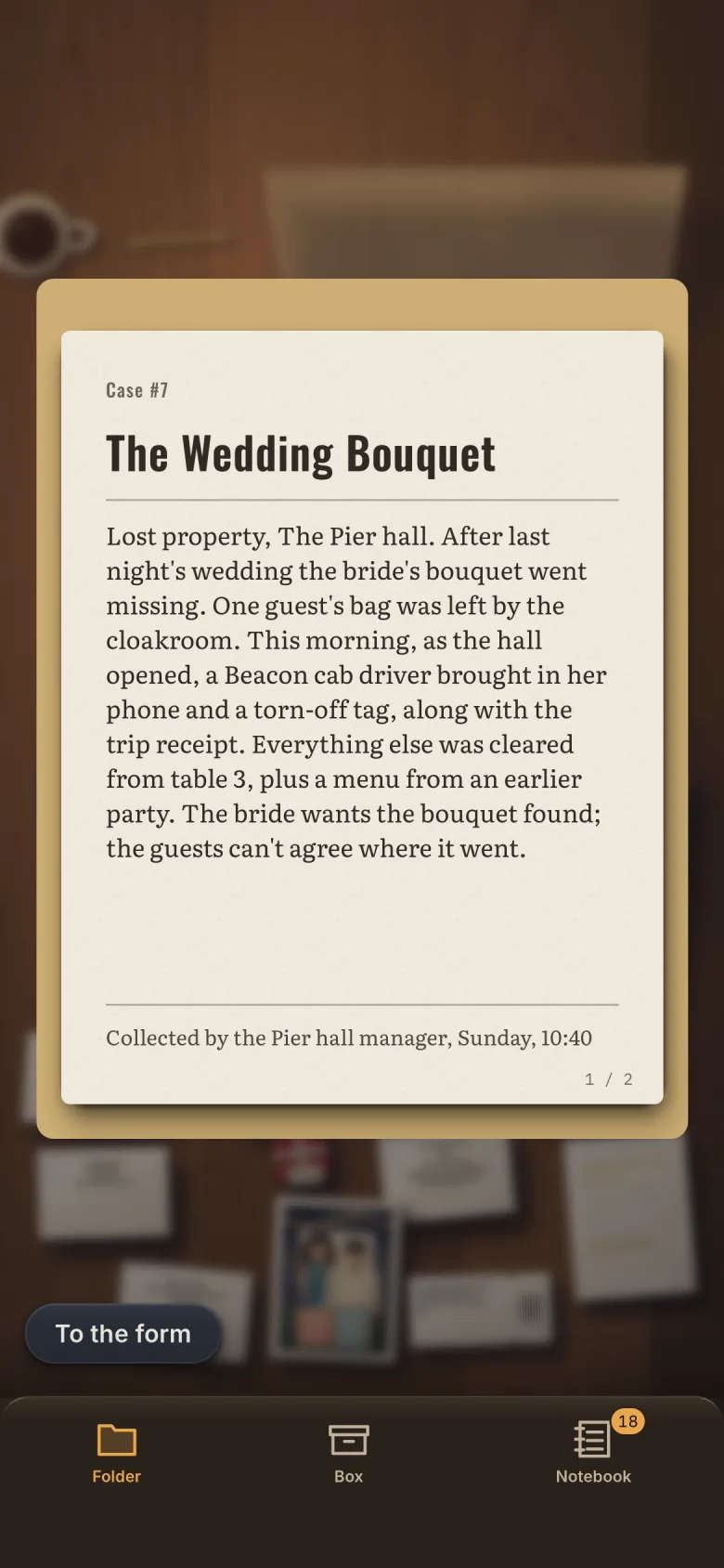 Case #7 brief, The Wedding Bouquet: a missing bouquet, a guest’s bag and a cab receipt