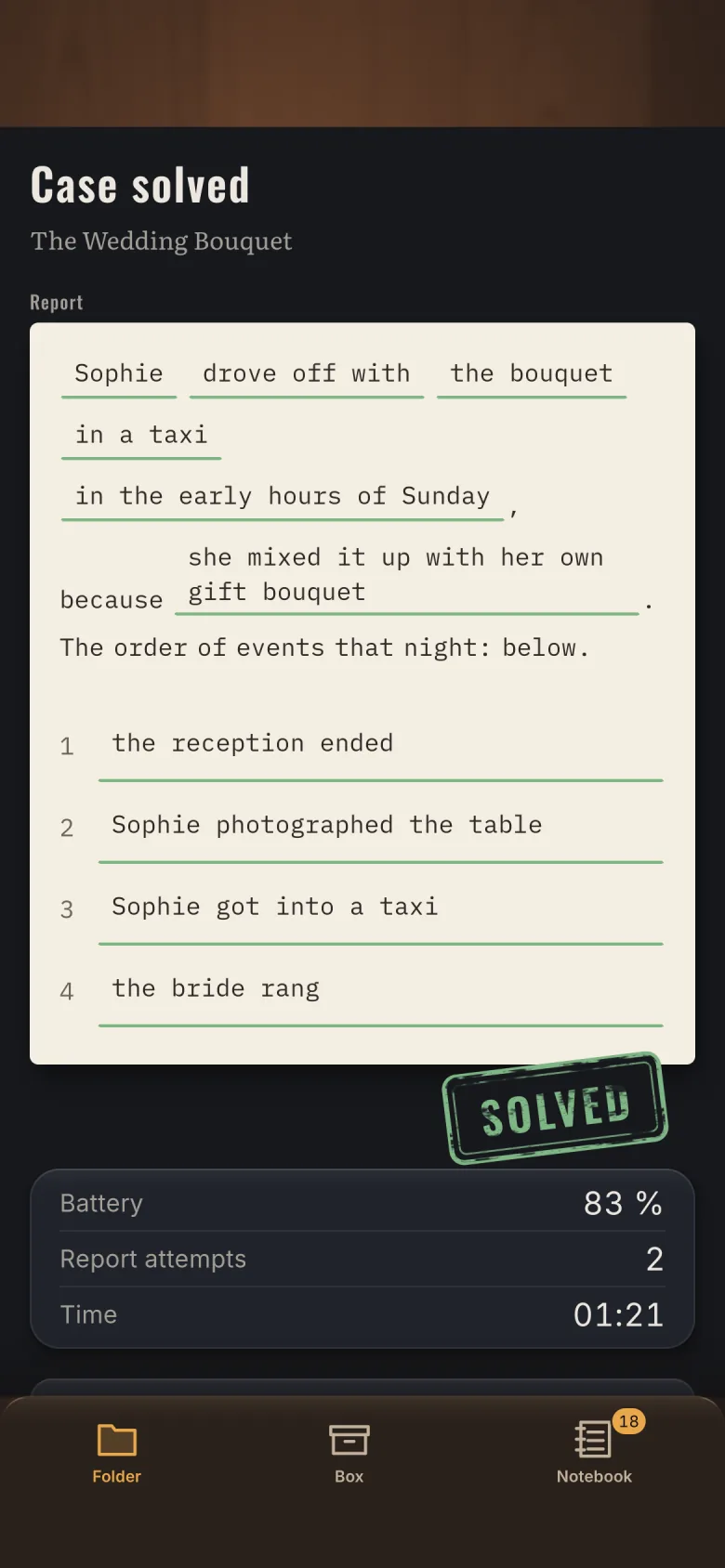 The completed report stamped SOLVED, with battery left, attempts and time